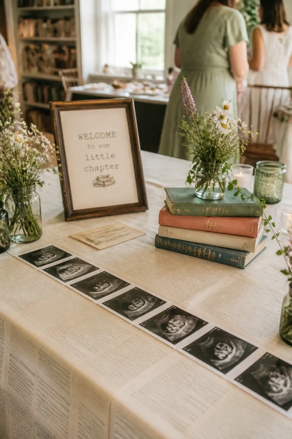 Book-Page and Sonogram Strip Welcome Table — Scatter torn book pages loosely under a pale tablecloth so their text shows faintly through the fabric. Another
