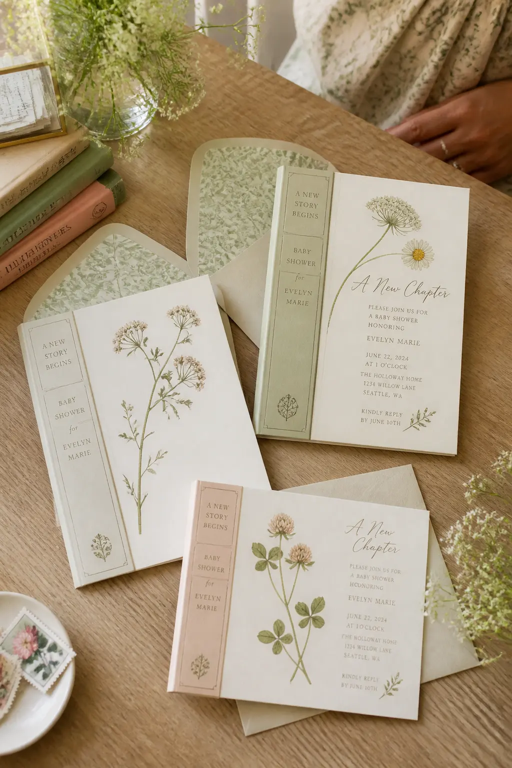Book-Spine Invitation Suite — Design the invitation envelope so the back flap mimics a book spine: the guest of honour's name runs vertically in a serif font