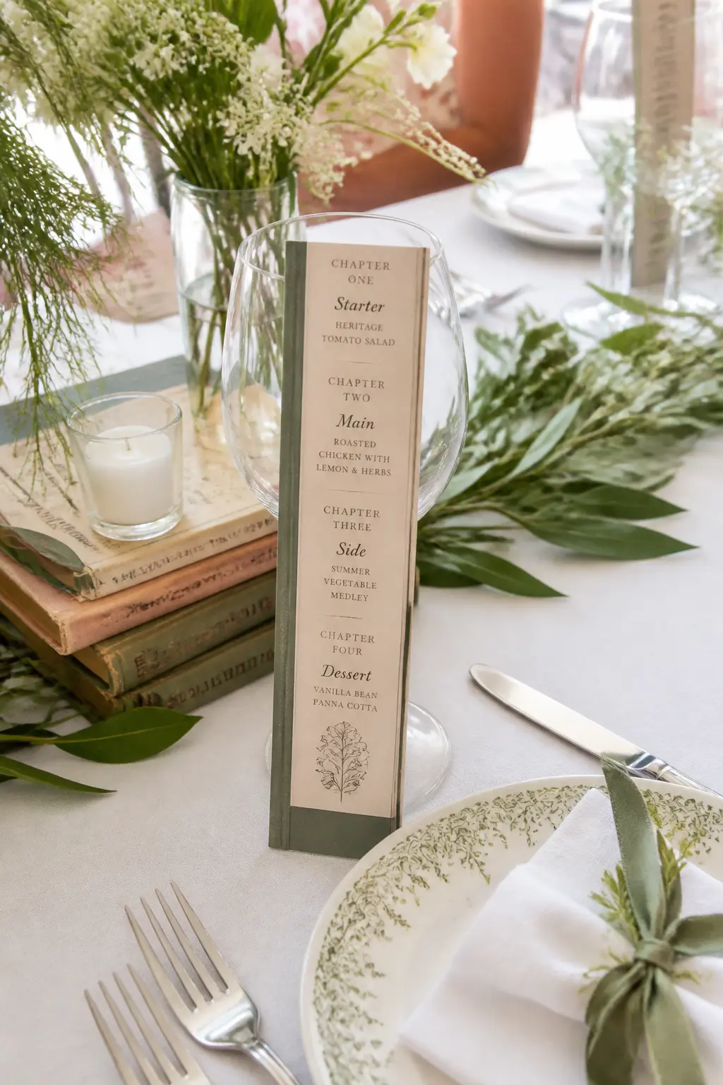 Book-Spine Menu Card at Each Place — Print a narrow menu card, about six centimetres wide and twenty centimetres tall, so it resembles a book spine lying on
