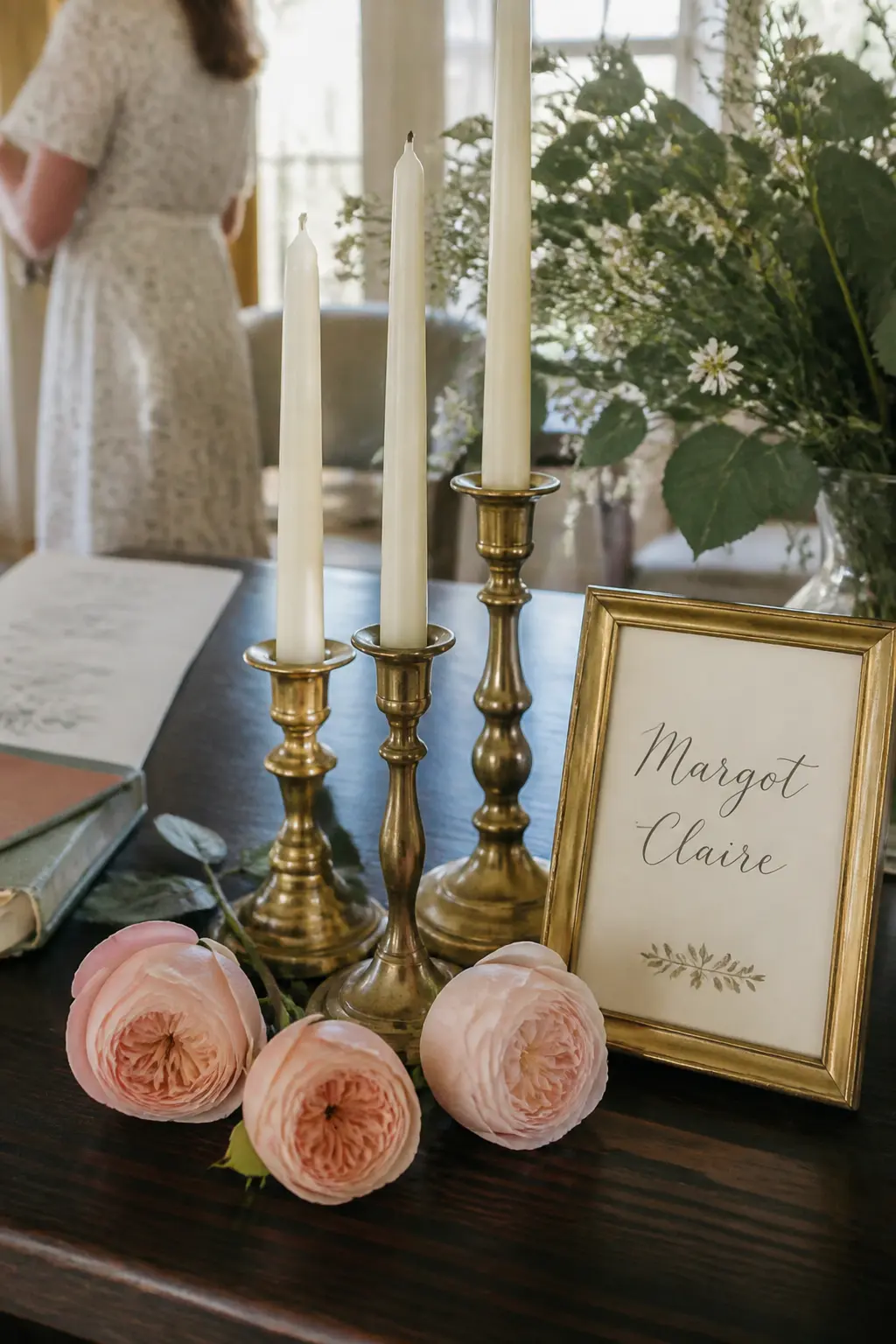 Brass Candlestick and Florals Name Display — Arrange three brass candlesticks of different heights grouped with a small gold-framed card displaying the baby's