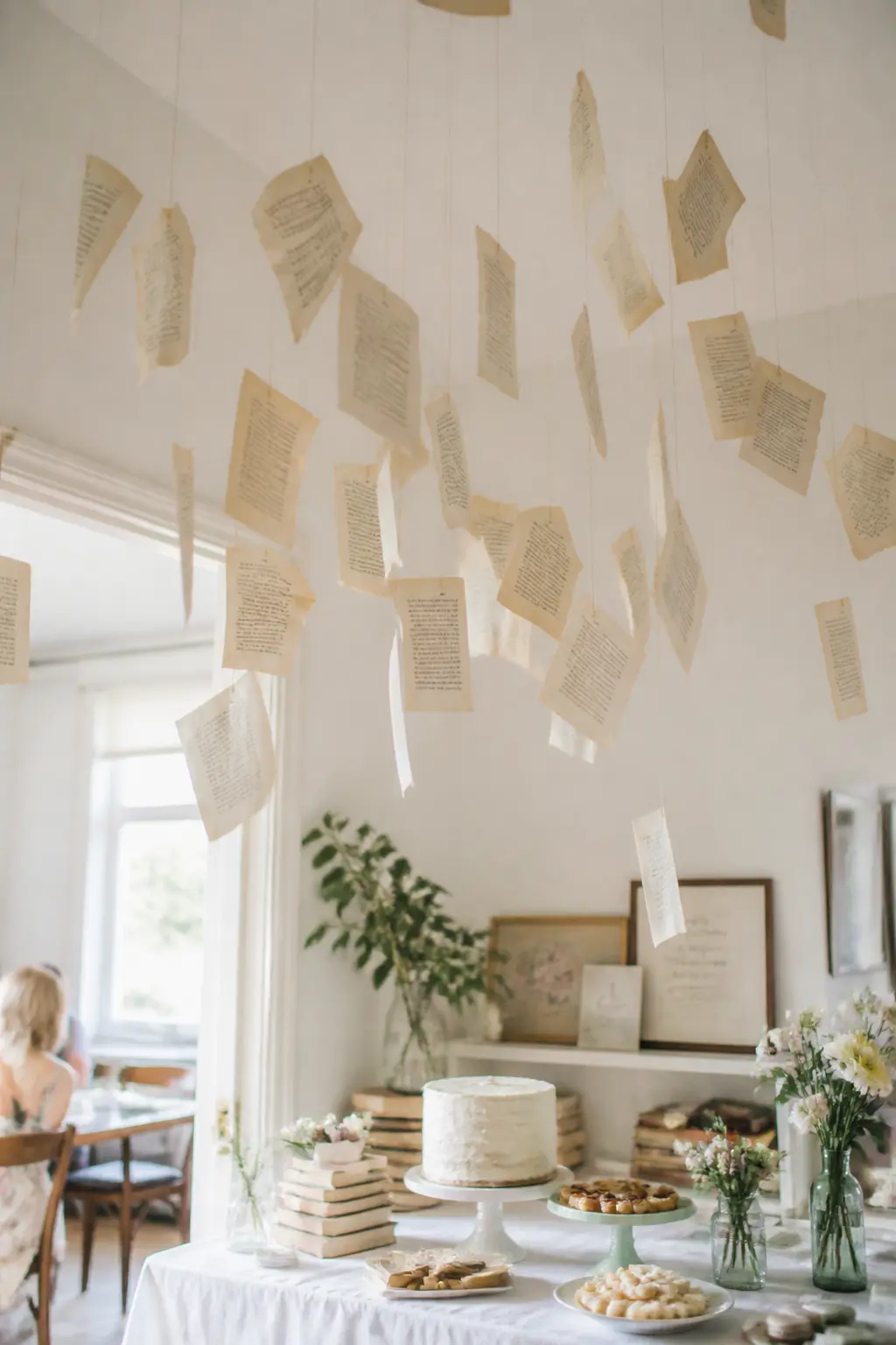 Canopy of Book Pages Overhead — String double-sided book pages between two ceiling hooks or a doorframe using thin monofilament thread so they appear to float.