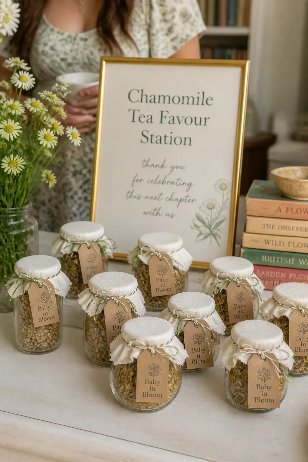 Chamomile Tea Favour Station — Line up small glass jars filled with loose chamomile tea, each sealed with a circle of cream fabric held by sage twine. Another
