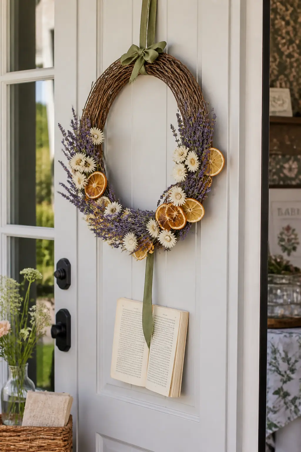 Dried Flower and Book Wreath at Entry — Attach a tightly wound grapevine wreath base to the front door and weave in clusters of dried lavender, white