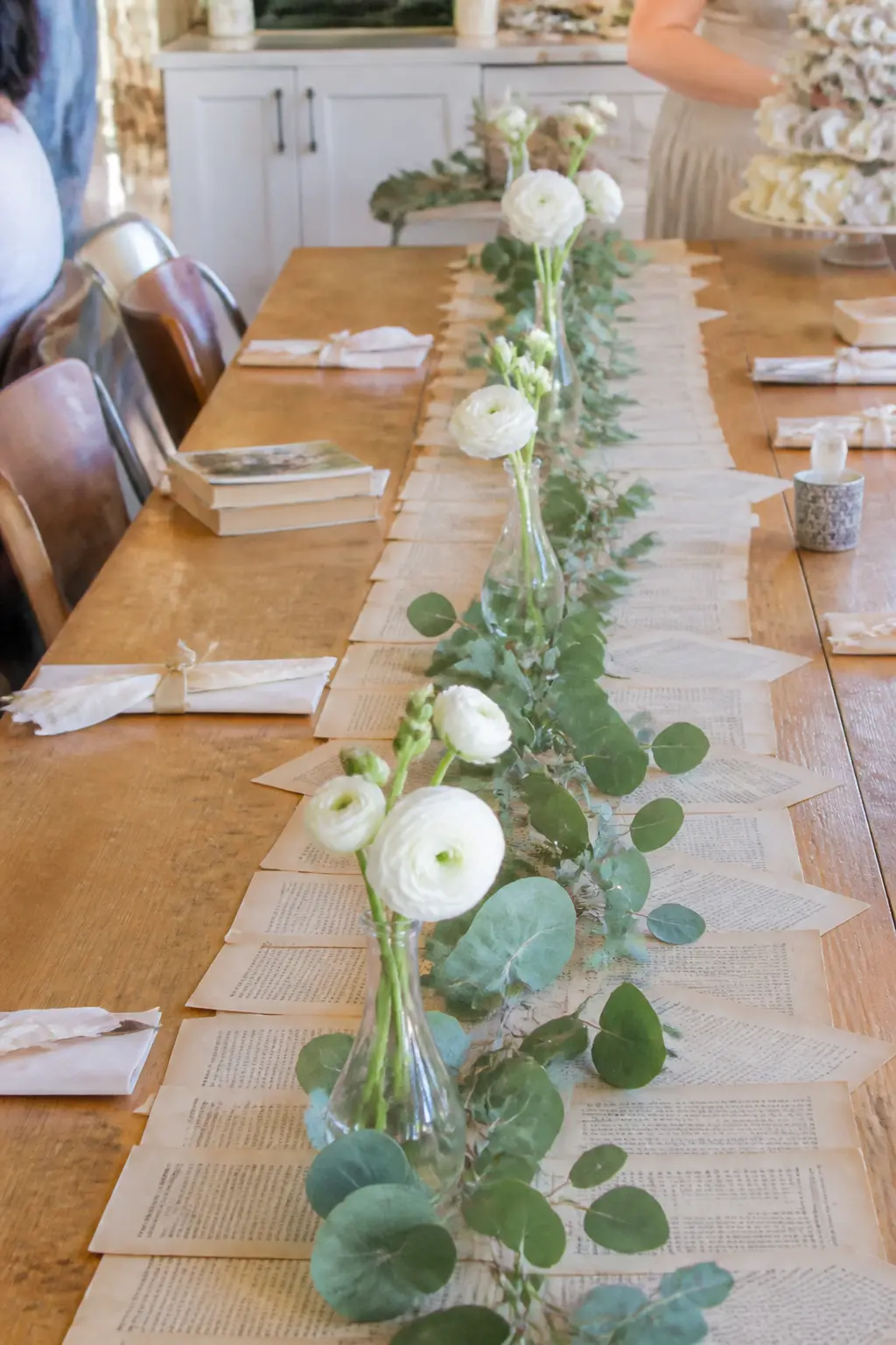 Eucalyptus and Book-Page Table Runner — Tear pages from old paperback novels (charity shop finds, never a book anyone would want to read) and layer them down