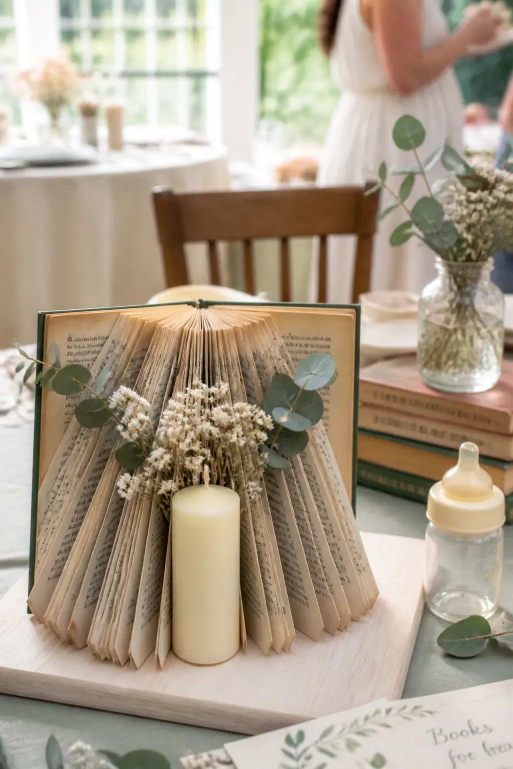 Fan-Fold Floral Book Centrepiece — Take a hardback novel with at least two hundred pages and fold each page corner to the spine, working front to back, until