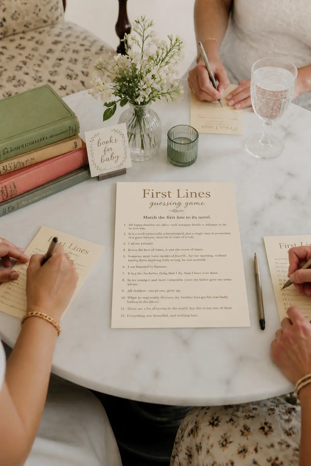 First Lines Guessing Game — Print the opening lines of twelve well-known novels on a single cream card with numbered blanks for the title and author. Another