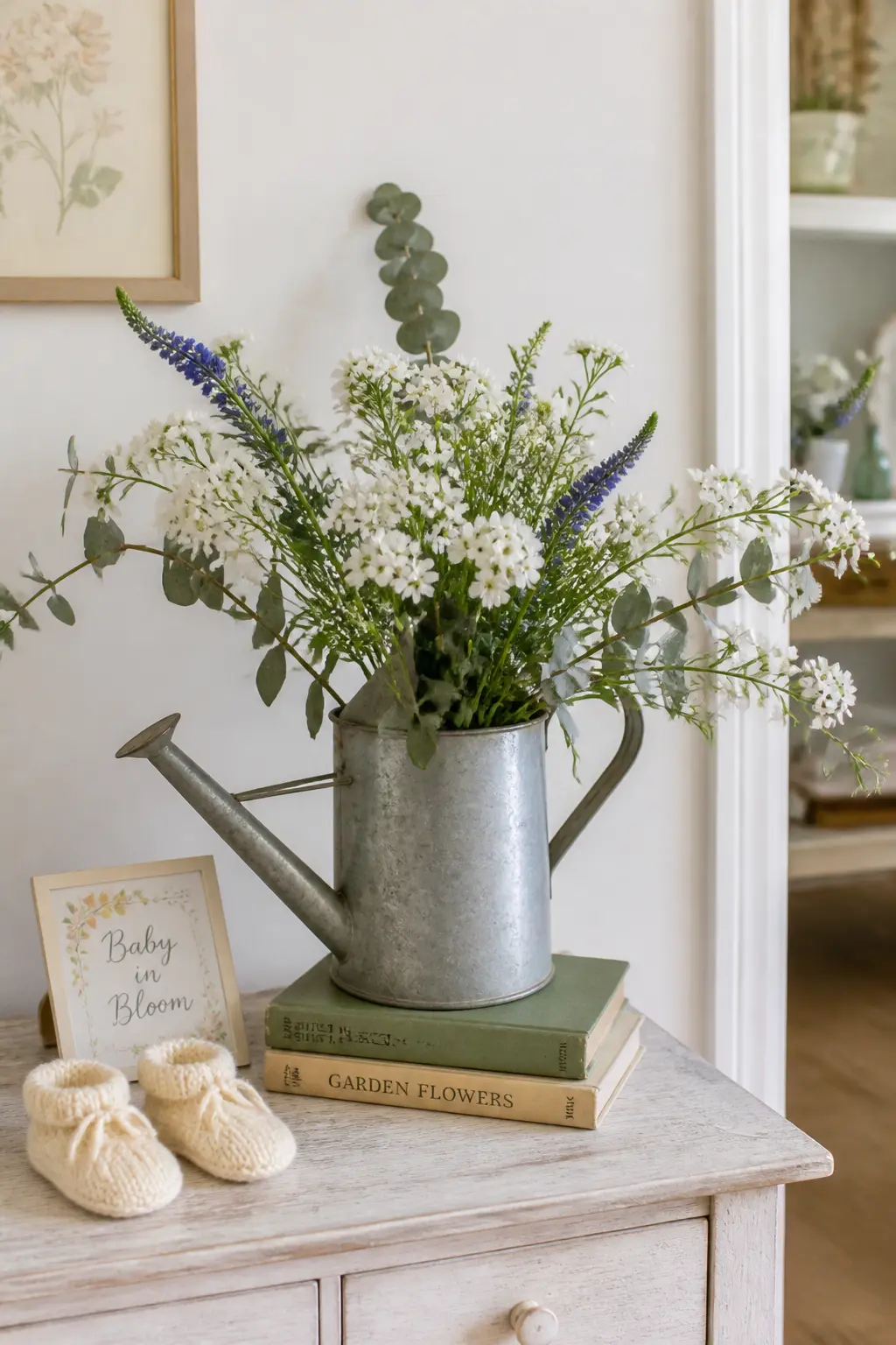 Galvanised Watering Can Wildflower Arrangement — Fill a medium galvanised watering can with white sweet william, blue veronica, and eucalyptus stems. Another