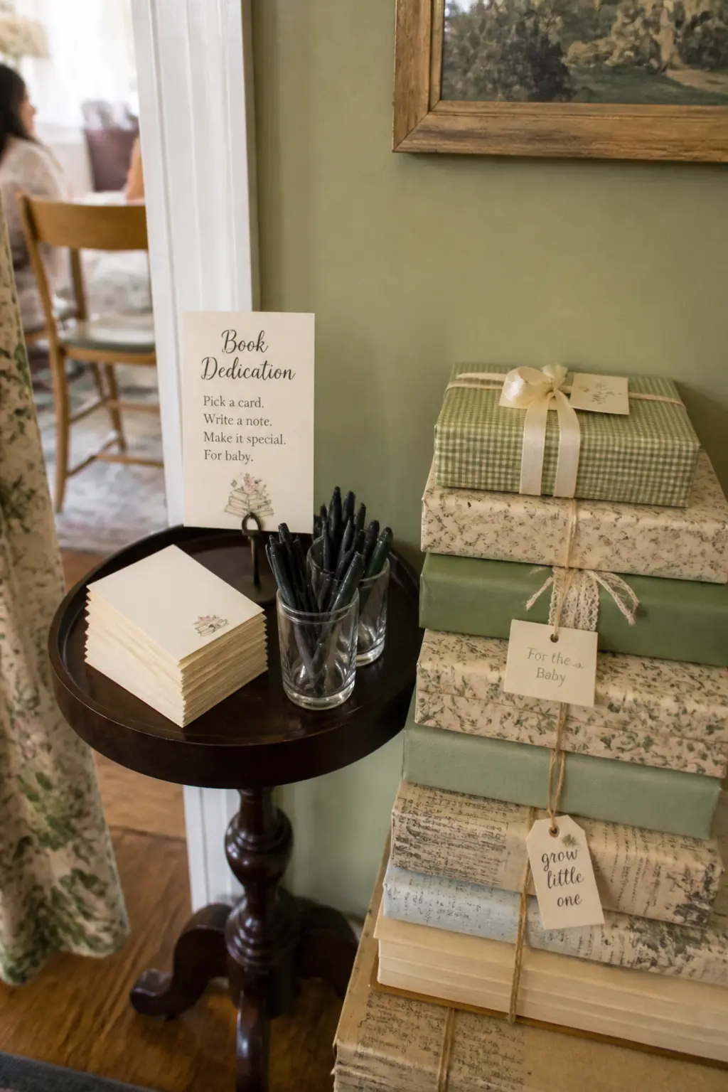 Gift Table with Book-Dedication Card Station — Set a small side table beside the gift table holding a stack of blank cards, a cup of pens, and a printed