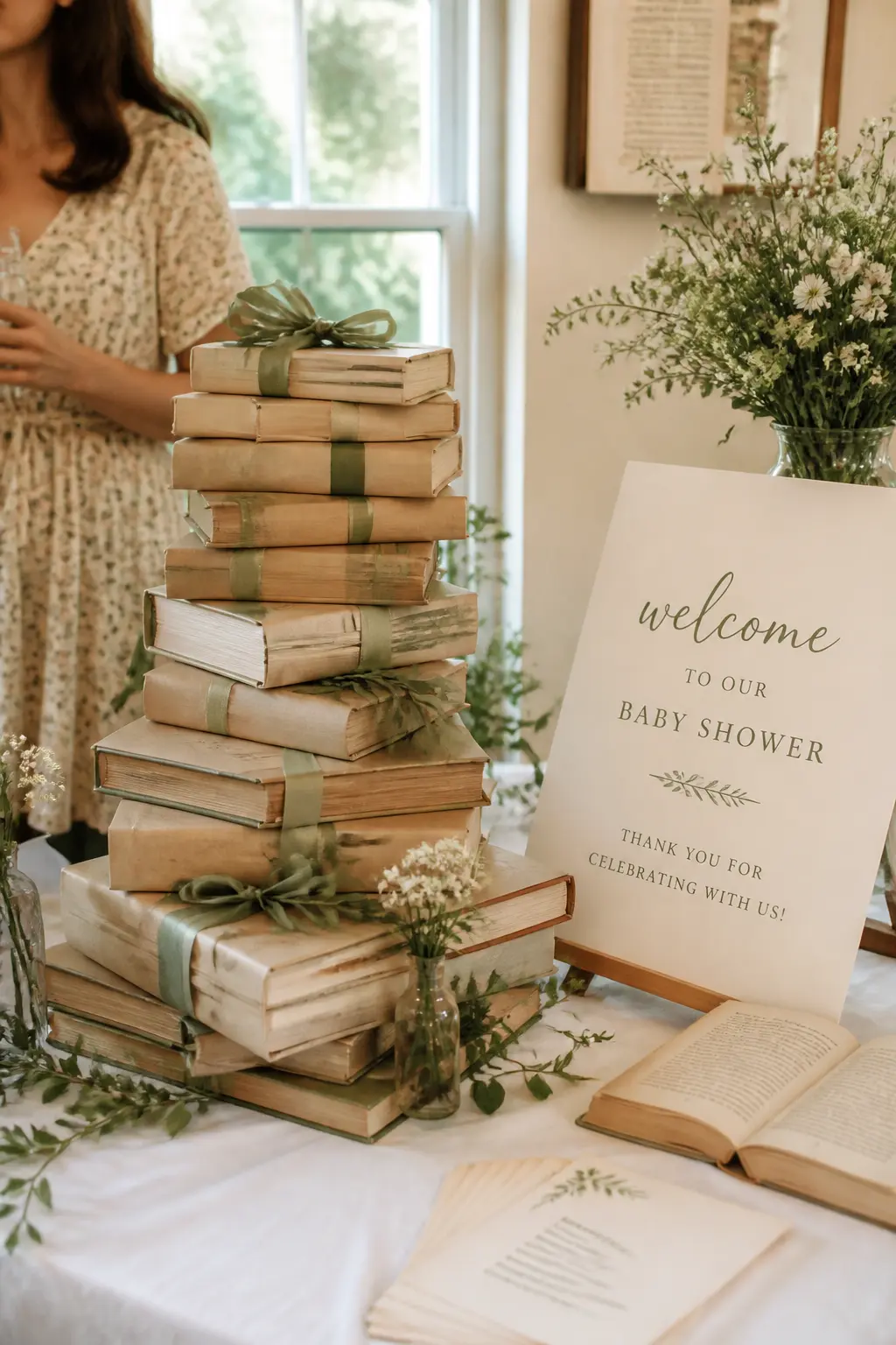 Kraft-Wrapped Book Gift Tower — Ask guests in the invitation to bring one book as their gift, wrapped in kraft paper and tied with sage ribbon. Another chapter