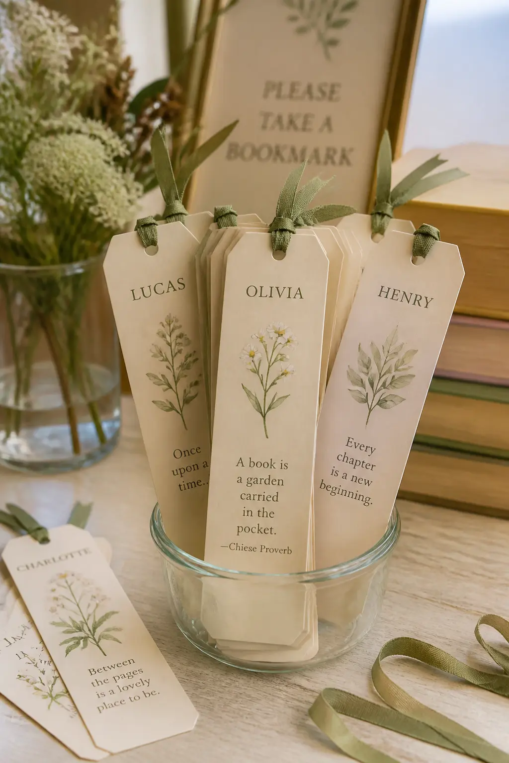 Personalized Bookmark Favour — Print cream cardstock bookmarks, about five by eighteen centimetres, with the baby's name at the top, a small botanical