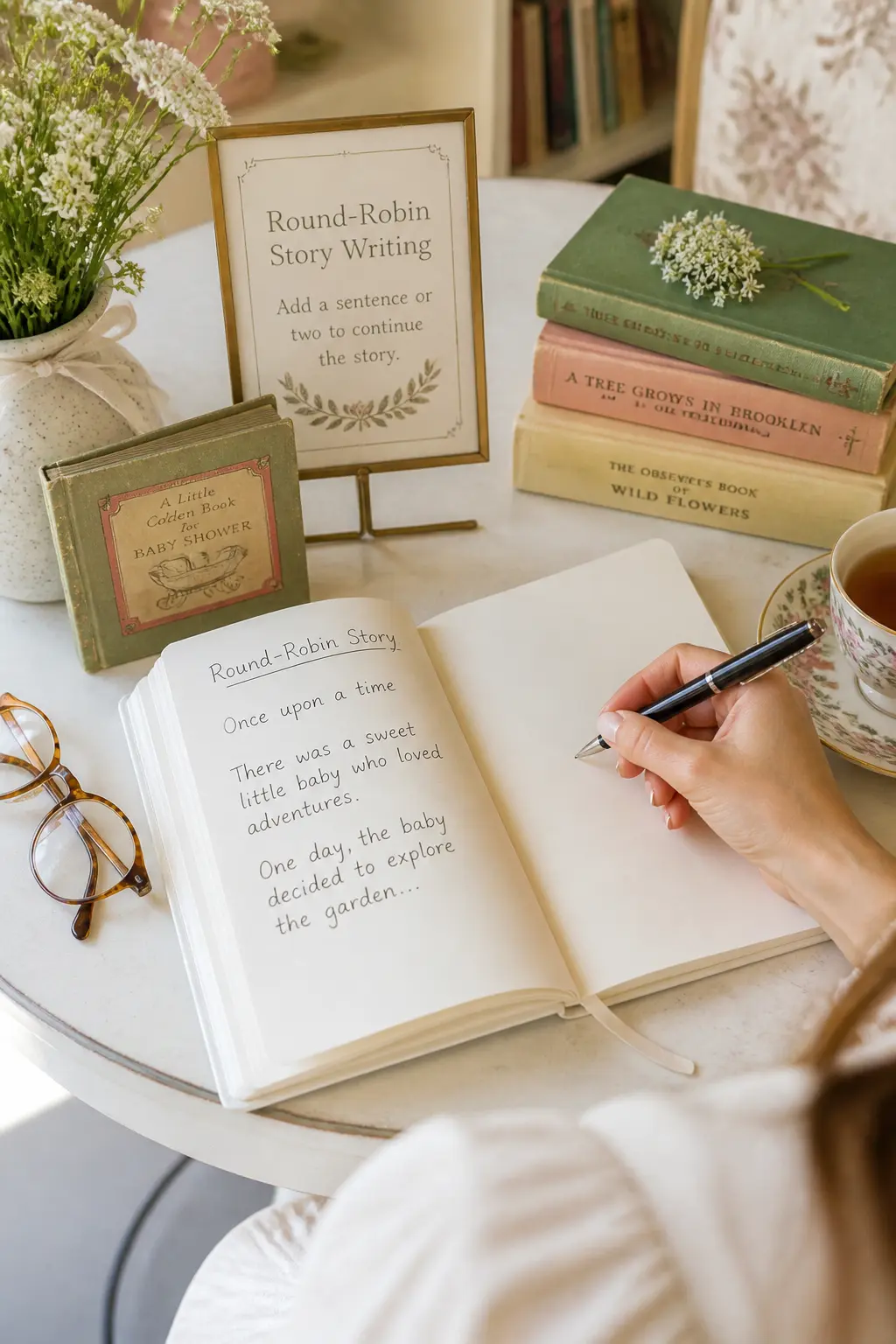 Round-Robin Story Writing — Pass a cloth-bound notebook around the table. Another chapter baby shower theme