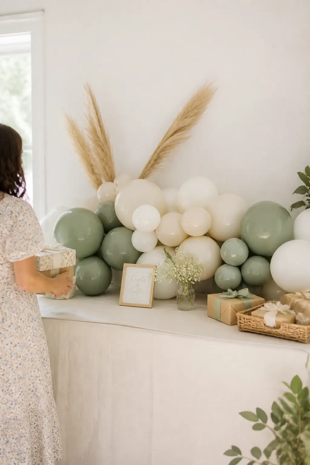 Sage and Cream Balloon Arch Low Cluster — A low, organic balloon cluster on a gift table reads as intentional without dominating the room. Another chapter baby