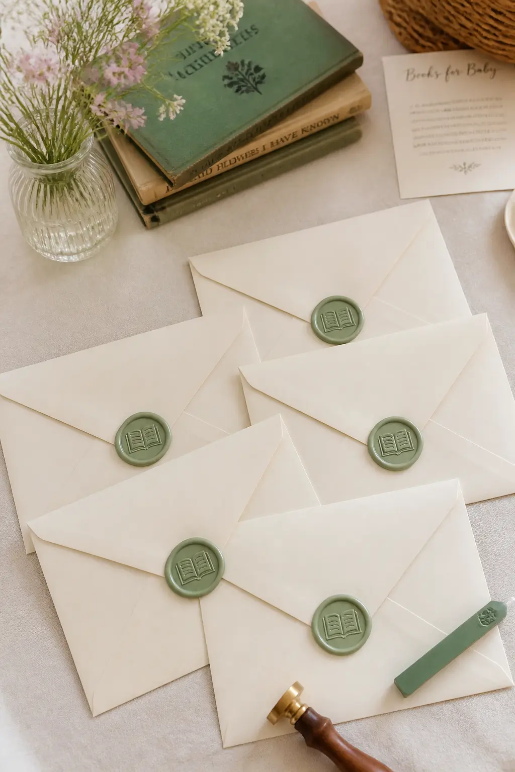 Sage Green Wax Seal Stationery Set — A wax seal in sage green on the back of every envelope closes the invitation suite with a tactile detail that photographs