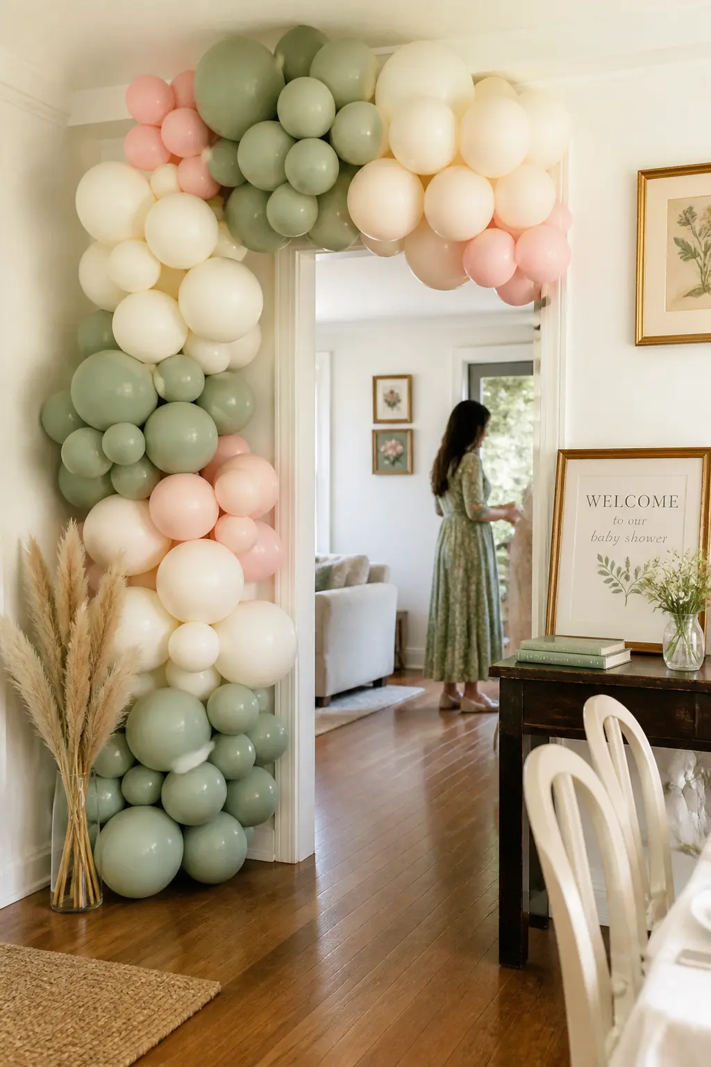 Soft Sage Balloon Arch Doorframe — Frame an interior doorframe with a half-arch of sage, cream, and blush balloons, running from floor level on one side up and