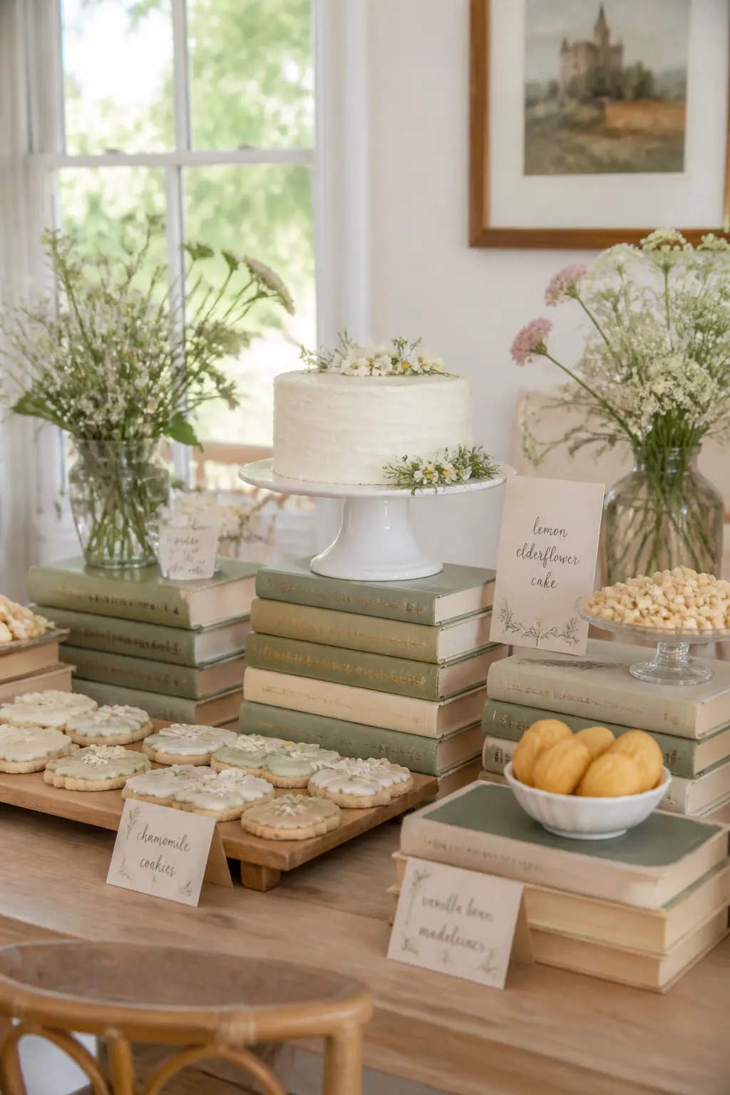 Stacked Hardback Riser Dessert Table — Use actual hardback books as risers across the dessert table: three stacked at different heights at the back, one lying