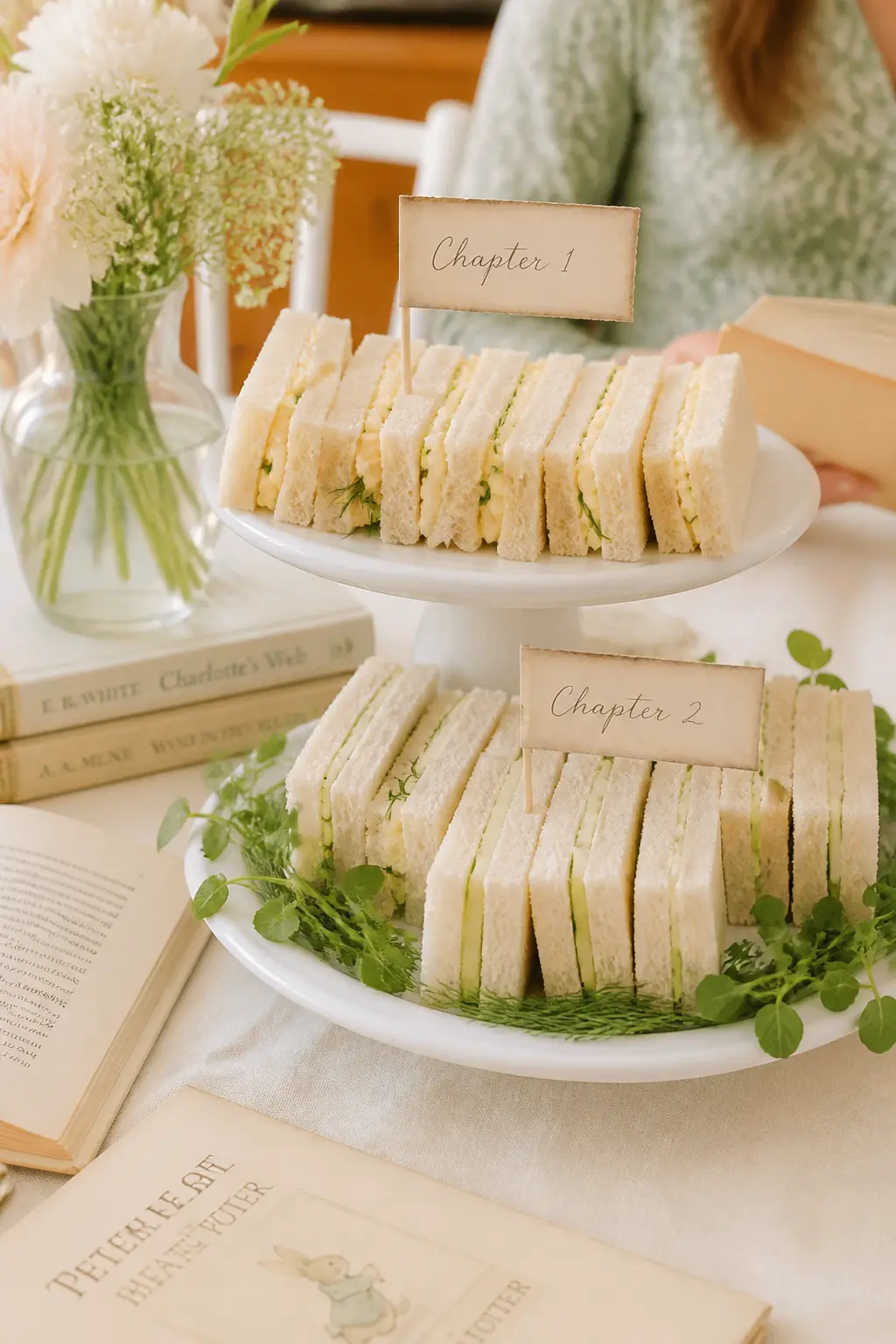 Tea Sandwich Tower with Book Flags — Stack finger sandwiches on a two-tier wooden or white ceramic stand, and press a small paper flag into the top layer of
