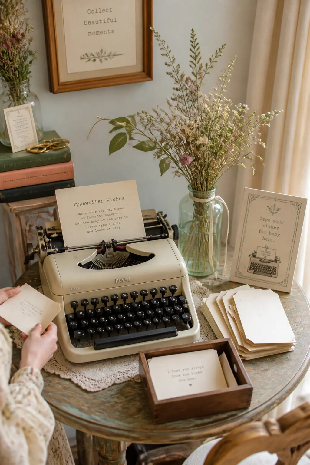 Typewriter Wishes Station — Place a vintage or vintage-style typewriter on a side table with a stack of pre-cut cream card strips. Another chapter baby shower