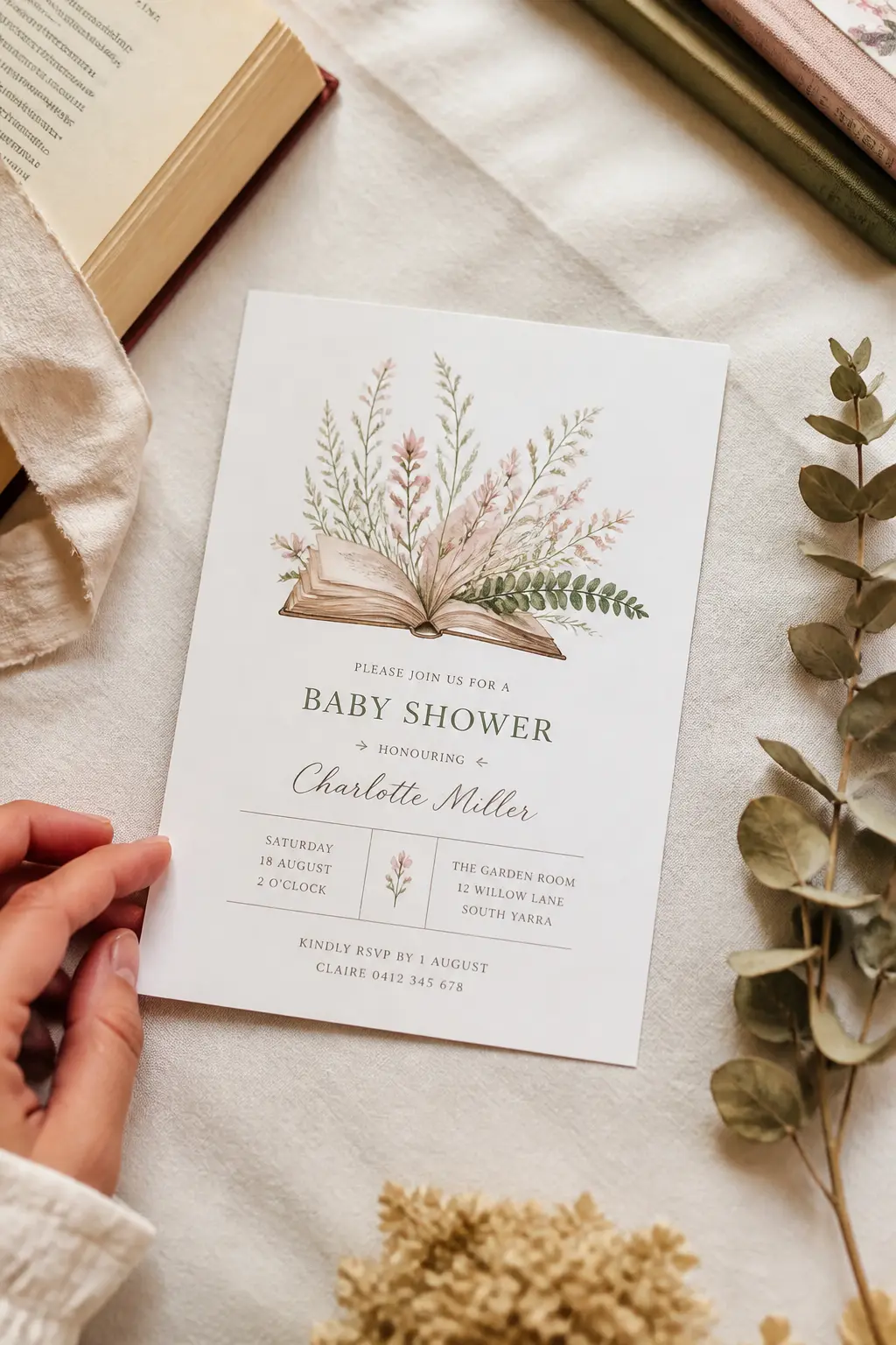 Watercolour Botanical Story Invitation — A single A5 card printed with a watercolour illustration of wildflowers, baby booties, and a small open book in the