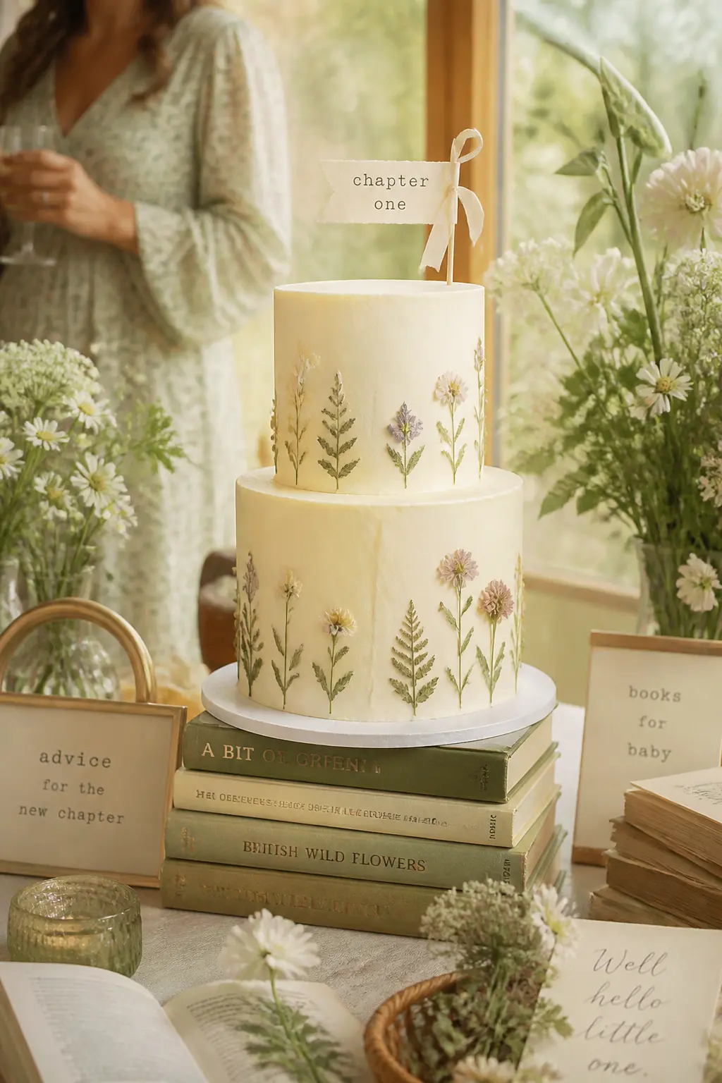 Wildflower Pressed-Petal Celebration Cake — A two-tier cake in smooth cream buttercream with dried or edible pressed wildflowers pressed into the side of the