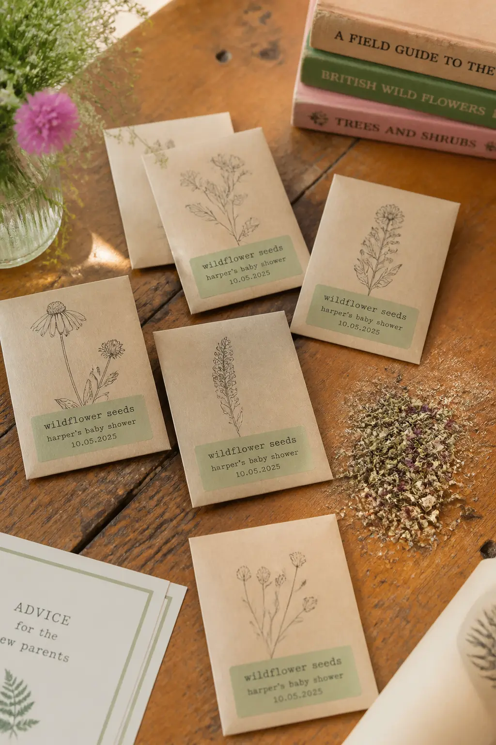 Wildflower Seed Packet Favour — Print small seed packets in a botanical style on kraft card, folded and stapled at the top, containing a pinch of mixed