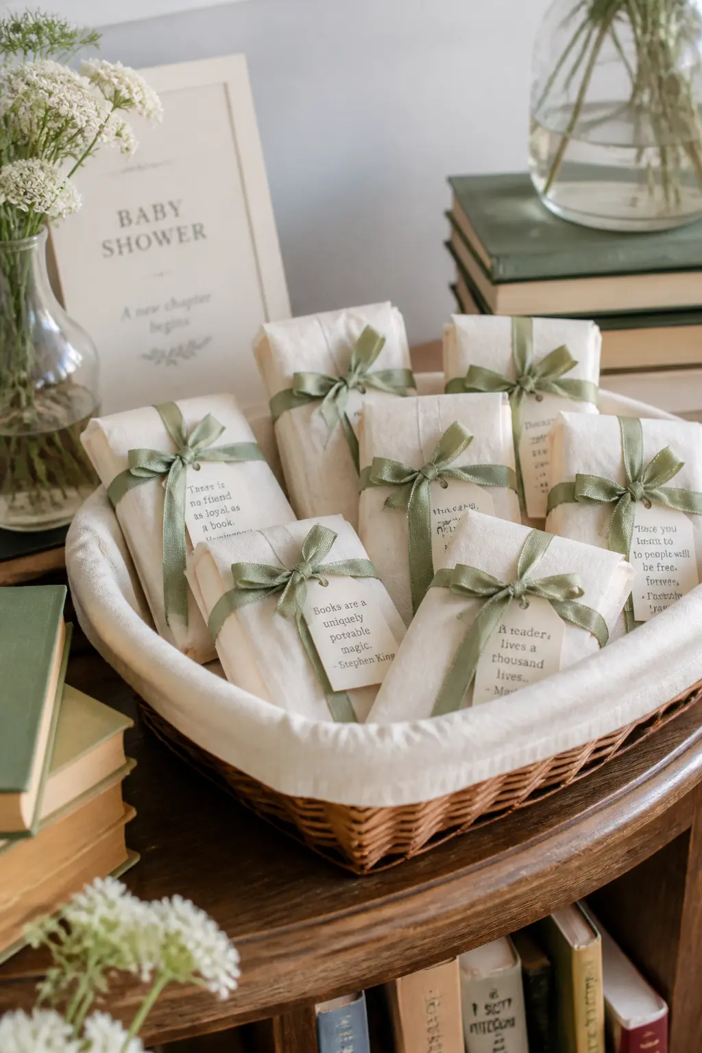 Wrapped Paperback Favour with Ribbon and Quote Tag — Wrap a small paperback classic in a single sheet of cream tissue, folded flat and sealed with a round