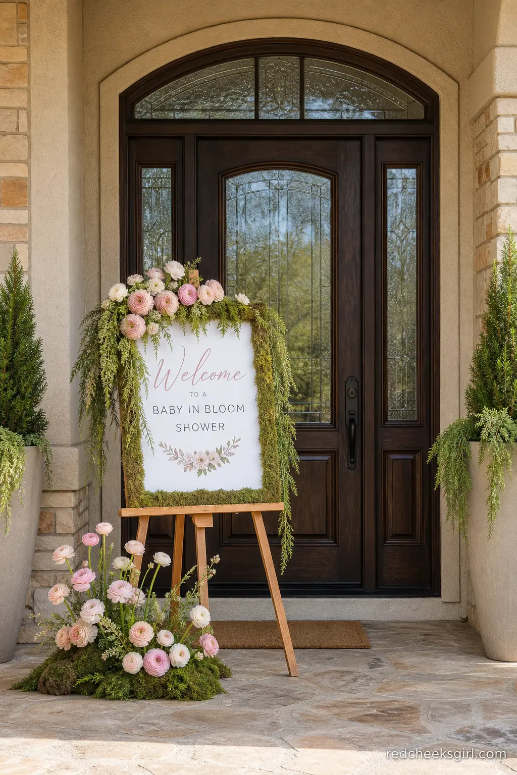 Blush and Moss Welcome Sign — A wooden or acrylic sign propped on an easel by the front door, ringed with a low arrangement of blush ranunculus and trailing