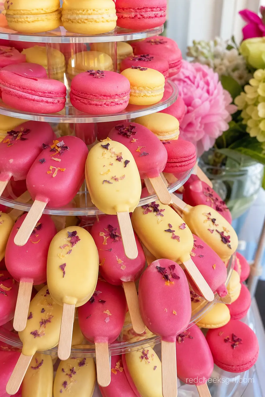 Hot Pink Macaron and Cakesicle Tower — A tiered tower stacked with hot pink and pale yellow macarons alongside cakesicles dipped to match, each one finished