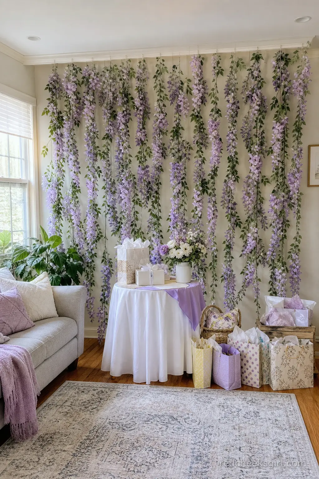 Lilac Hanging Garden Backdrop — Instead of a flat banner, hang lengths of eucalyptus green garland from the ceiling with lilac blooms tucked in at intervals