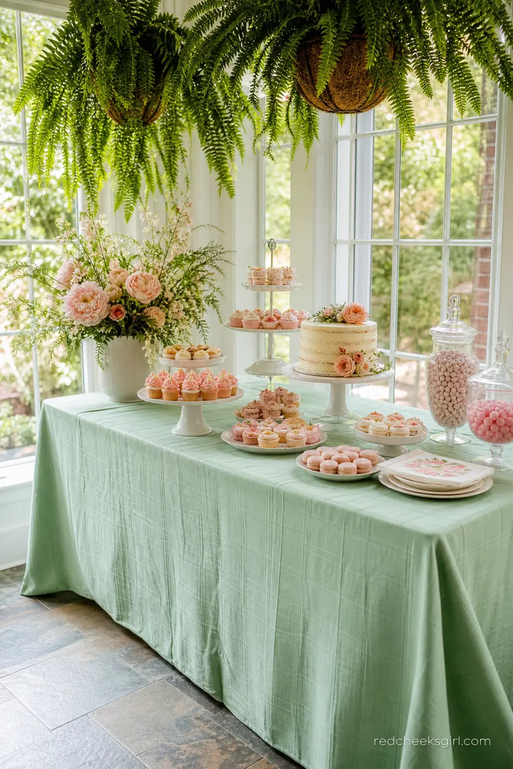 Mint and Blush Sunroom Dessert Table — A dessert table set up in the brightest room in the house, dressed in mint green linen with blush colored sweets and a