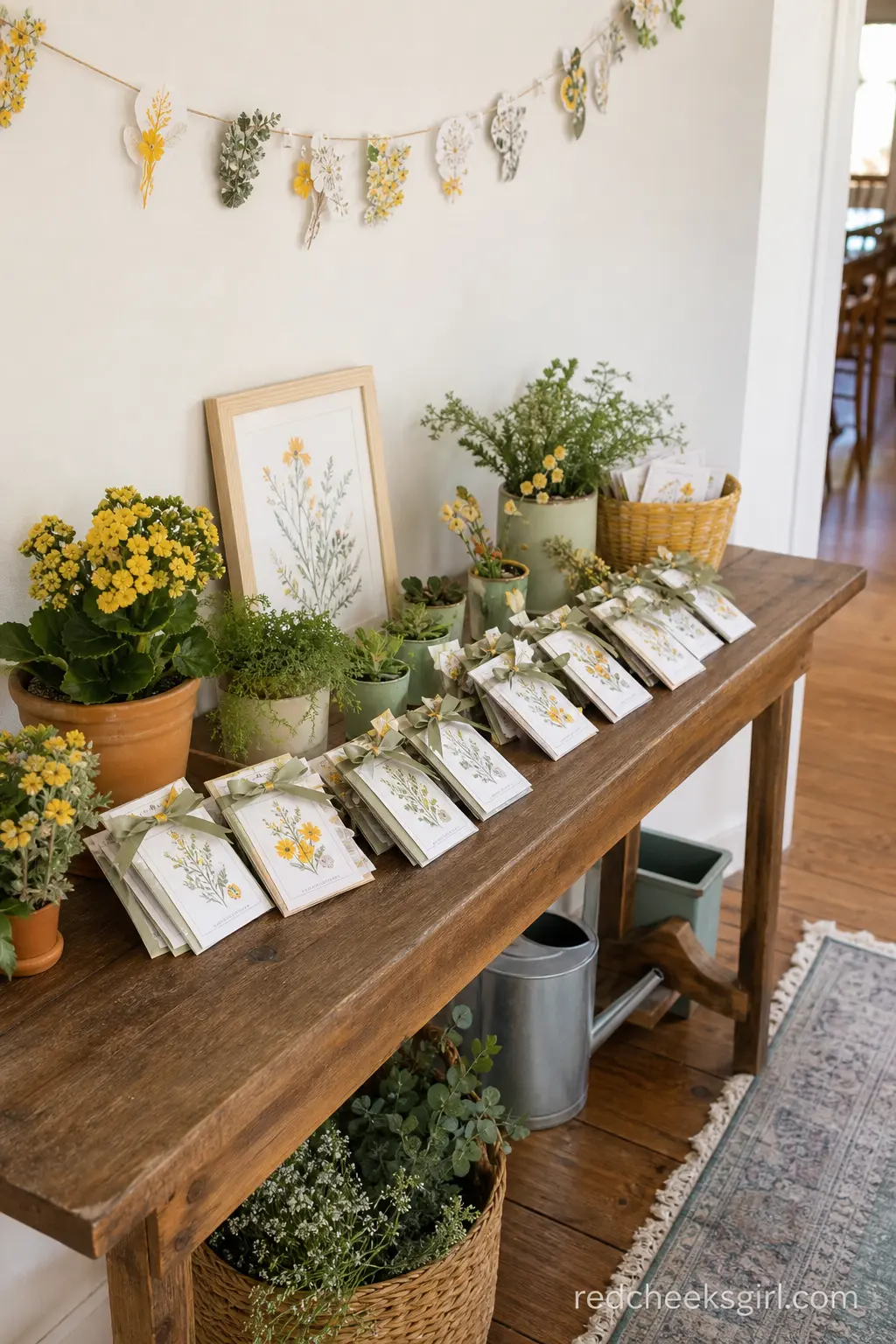 Mustard and Sage Seed Favor Table — A narrow table dressed in mustard and sage, lined with small wildflower seed packets or tiny potted starter plants, sends