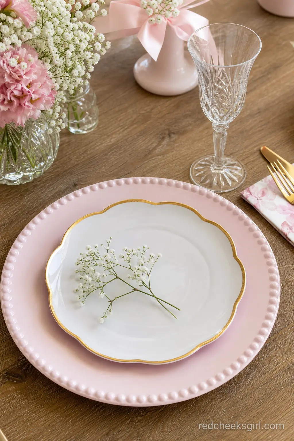 Soft Pink and Gold Place Setting — A single place setting styled with a soft pink charger plate, a gold-rimmed dessert plate and a hand-written place card