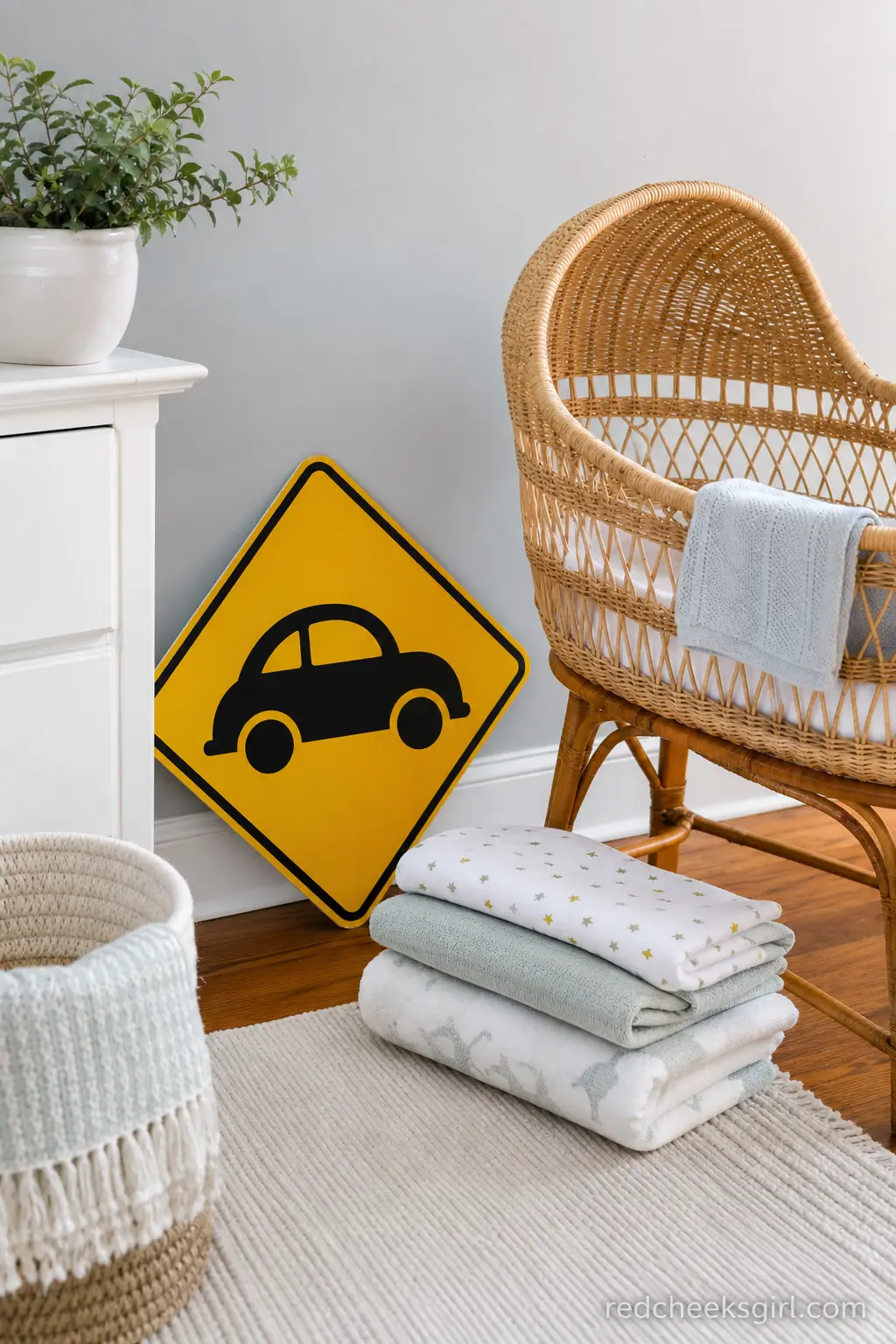 Baby on Board Road Sign Corner — This is the literal version of the theme: the plain yellow diamond sign that rides in a car back window, blown up and leaned