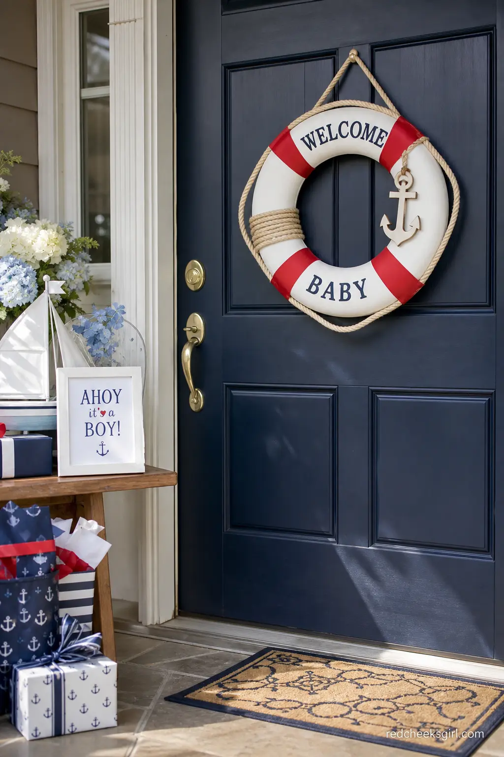 Life Preserver Welcome Wreath — A life preserver ring says the theme before a single guest reads a sign. Baby on board baby shower ideas