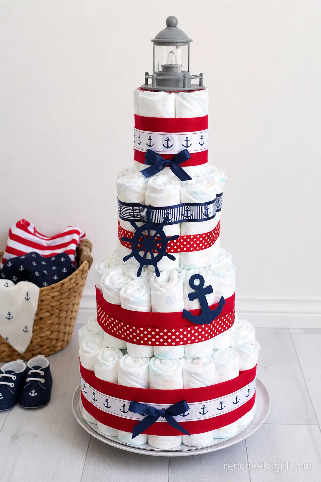 Lighthouse Diaper Cake — A diaper cake shaped like a striped red and white lighthouse solves the classic problem of the diaper cake looking like a diaper cake.