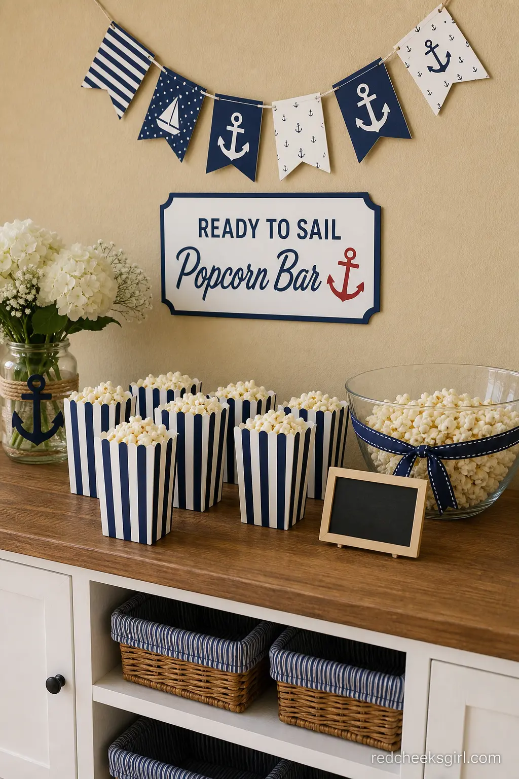 Ready to Sail Popcorn Bar — A simple buffet run of striped popcorn bags next to one large glass bowl gives guests a savory option that costs almost nothing