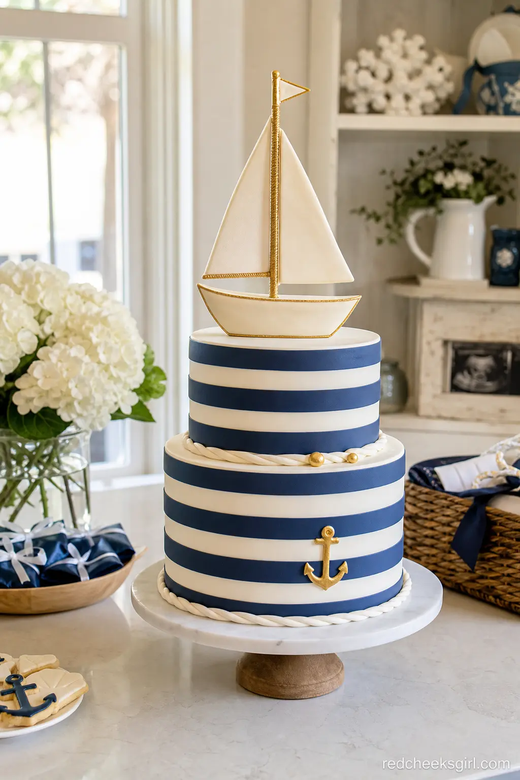 Sailboat Cake — A navy and white striped cake with a tall cream and gold sailboat topper is the single object most likely to end up on every guest's phone.