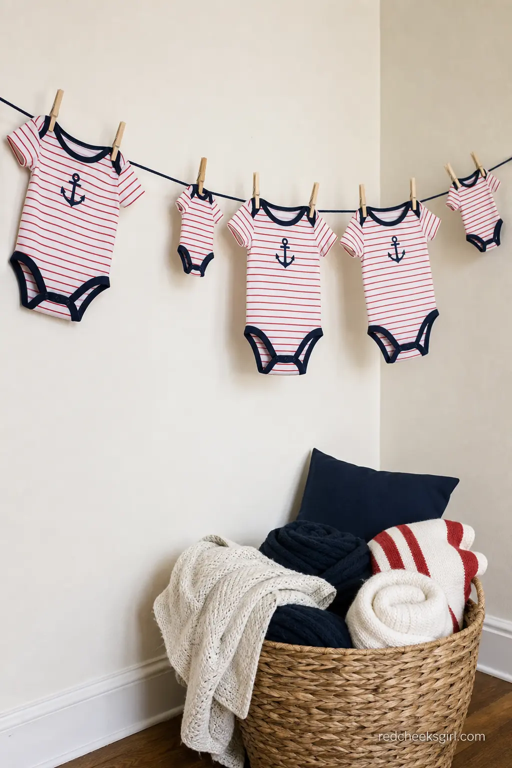 Sailor Onesie Clothesline — A thin length of navy rope strung across a corner and clipped with tiny striped onesies works as decor during the party and gift