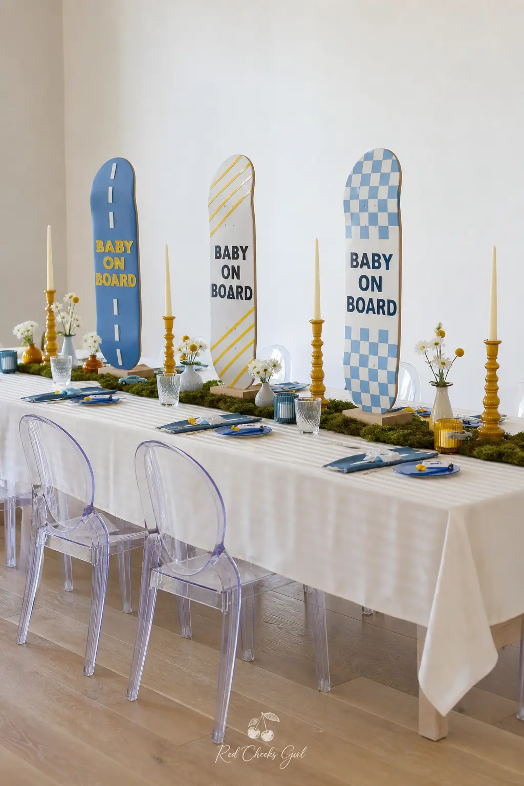 Skateboard Deck Centerpiece Display — For a shower leaning into the skate side of baby on board, standing a few black and white checkerboard decks upright down