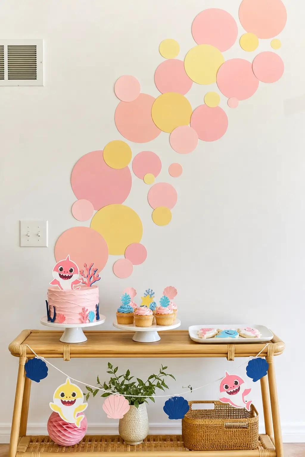 Blush and Butter Bubble Wall — Layered paper circles in blush pink and pale yellow, clustered like rising bubbles across one section of wall, give a