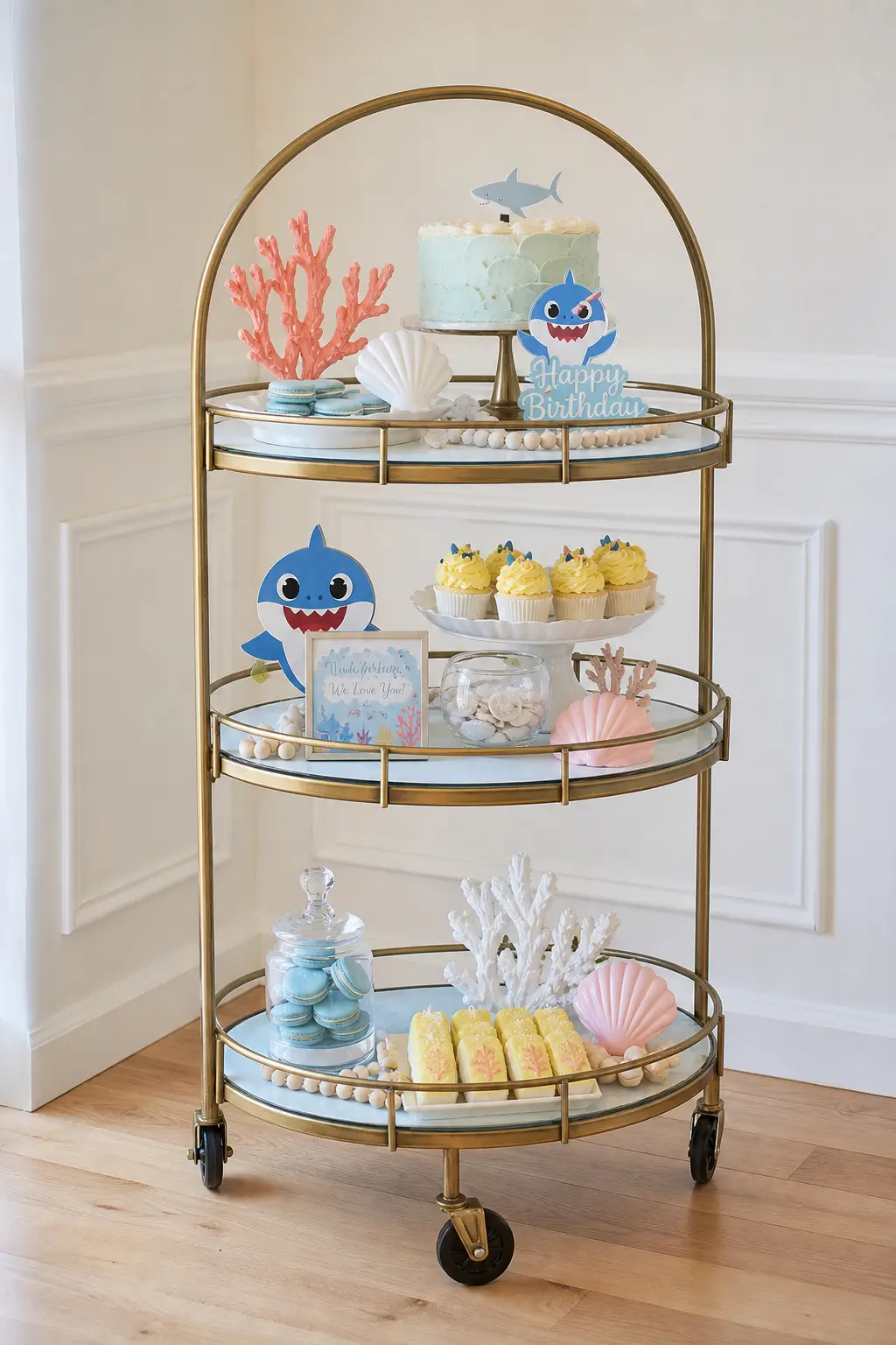 Brass Tiered Tea Cart — A slim brass cart, usually a bar trolley, works just as well loaded with powder blue macarons and yellow-frosted treats on its lower