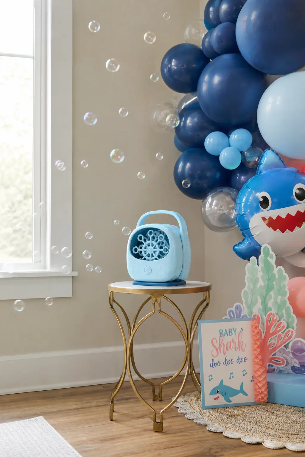 Bubble Machine Corner — A small pale blue bubble machine, set on a side table with a cluster of navy balloons behind it, runs quietly in one corner for the