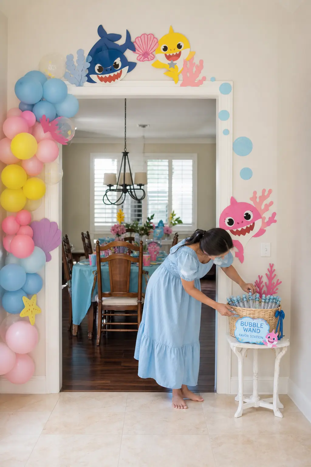 Bubble Wand Favor Station — A rattan basket of bubble wands, each handle wrapped in blue ribbon, sits on its own small stand near the exit. Baby shark birthday
