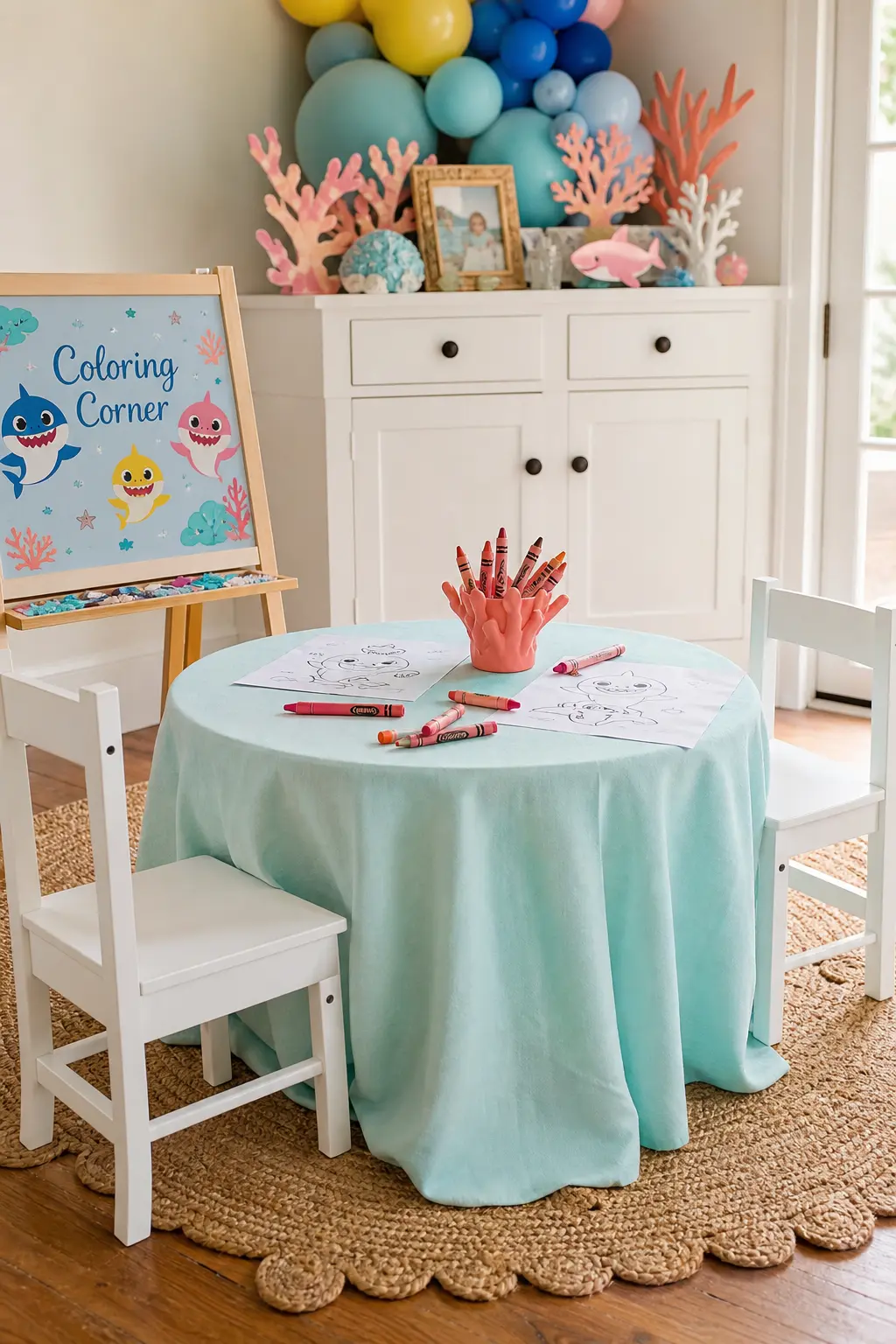 Coral Coloring Craft Corner — A low mint-clothed table set with coral-colored crayons and simple ocean coloring sheets gives younger guests a quiet corner away