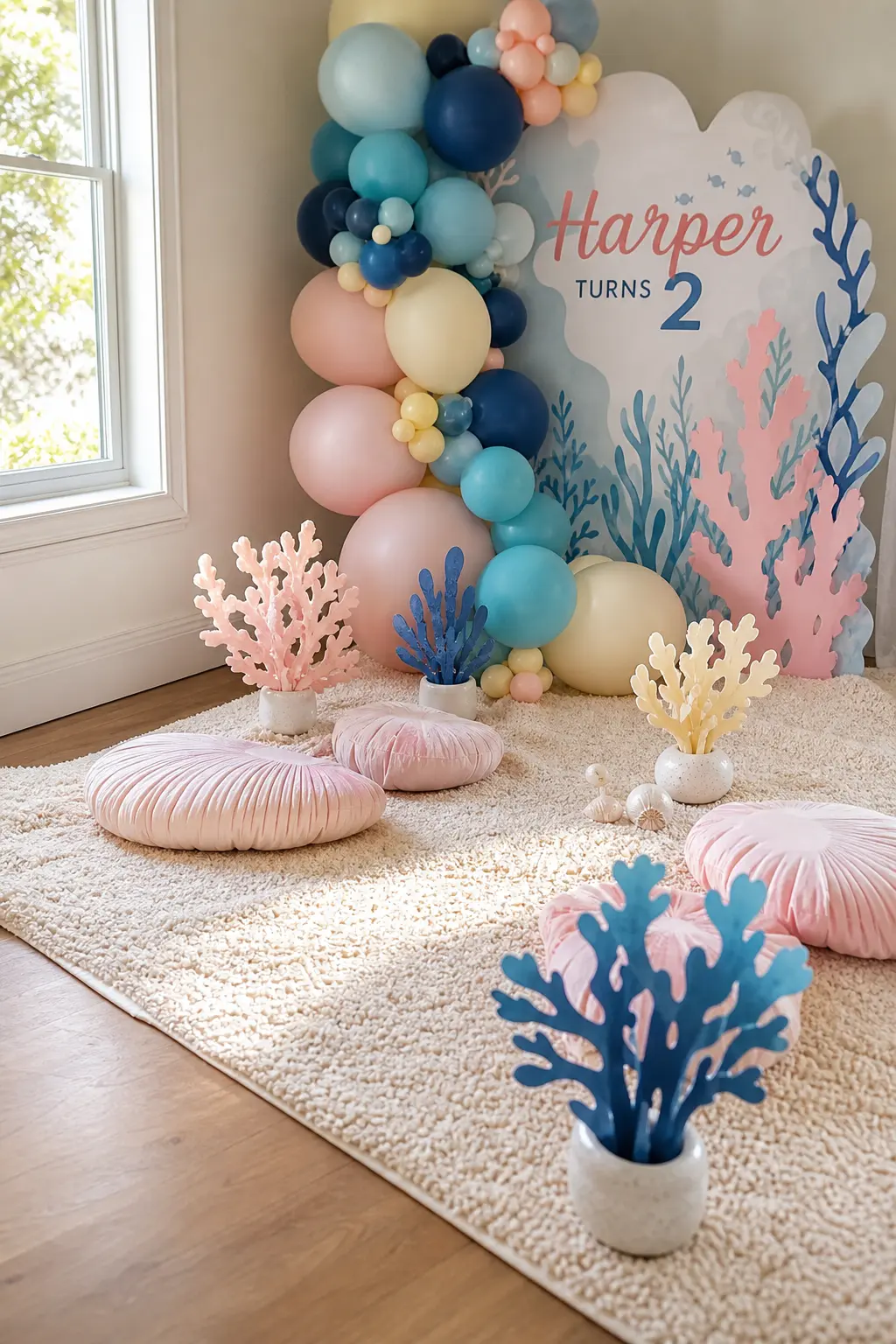 Coral Reef Floor Lounge Corner — A cream rug, a few blush floor cushions and paper coral pieces standing in low vases make a seated photo spot for littler