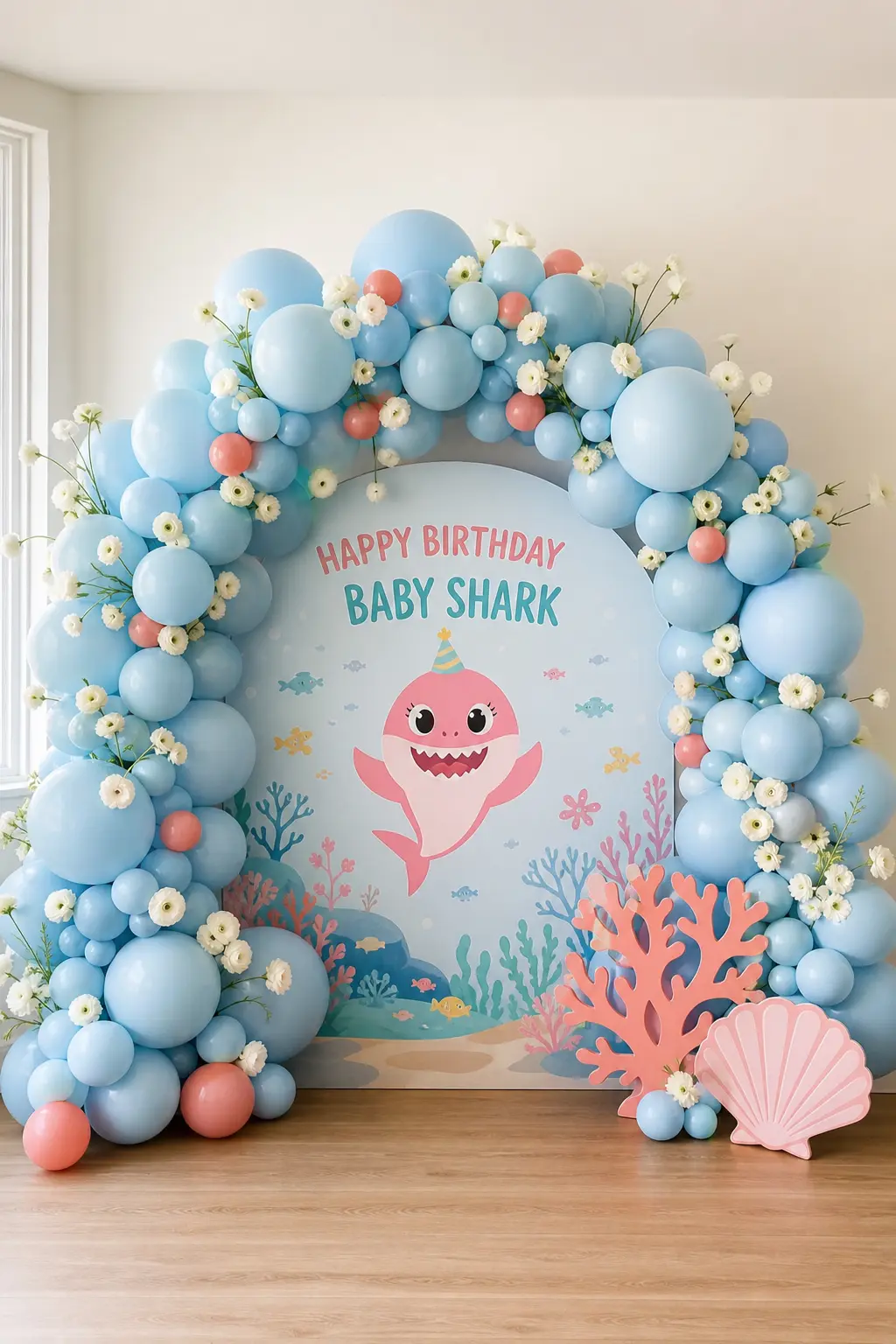 Fresh Flower and Balloon Arch — White ranunculus tucked between dusty blue balloons on a single arch mixes fresh stems into the decor without turning the whole