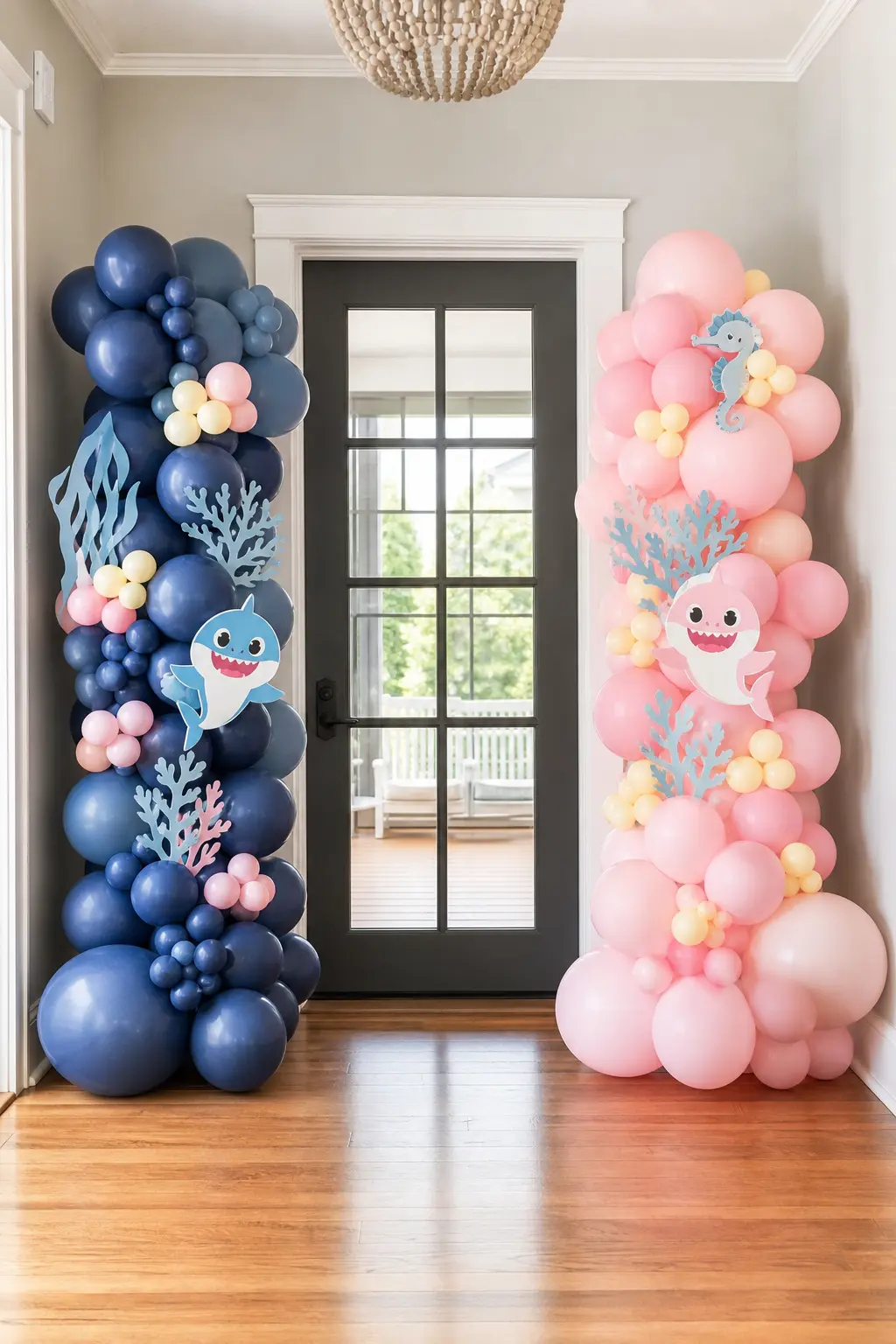 Navy and Blush Balloon Column Duo — Two tall balloon columns, one built in deep navy and one in blush, flank the entrance instead of a single arch. Baby shark