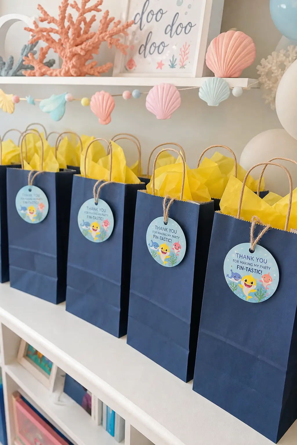 Navy Favor Bag Display — Plain navy paper bags, yellow tissue peeking from the top and a small round shark tag tied to each handle, line a shelf or cart as