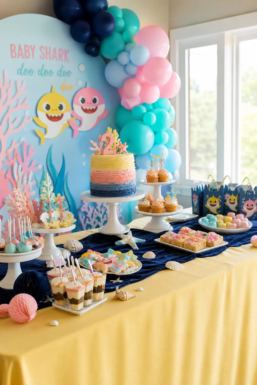 Ombre Dessert Table Spread — Tiered white stands at different heights, dressed with a navy velvet runner and butter yellow linens beneath, carry the treats