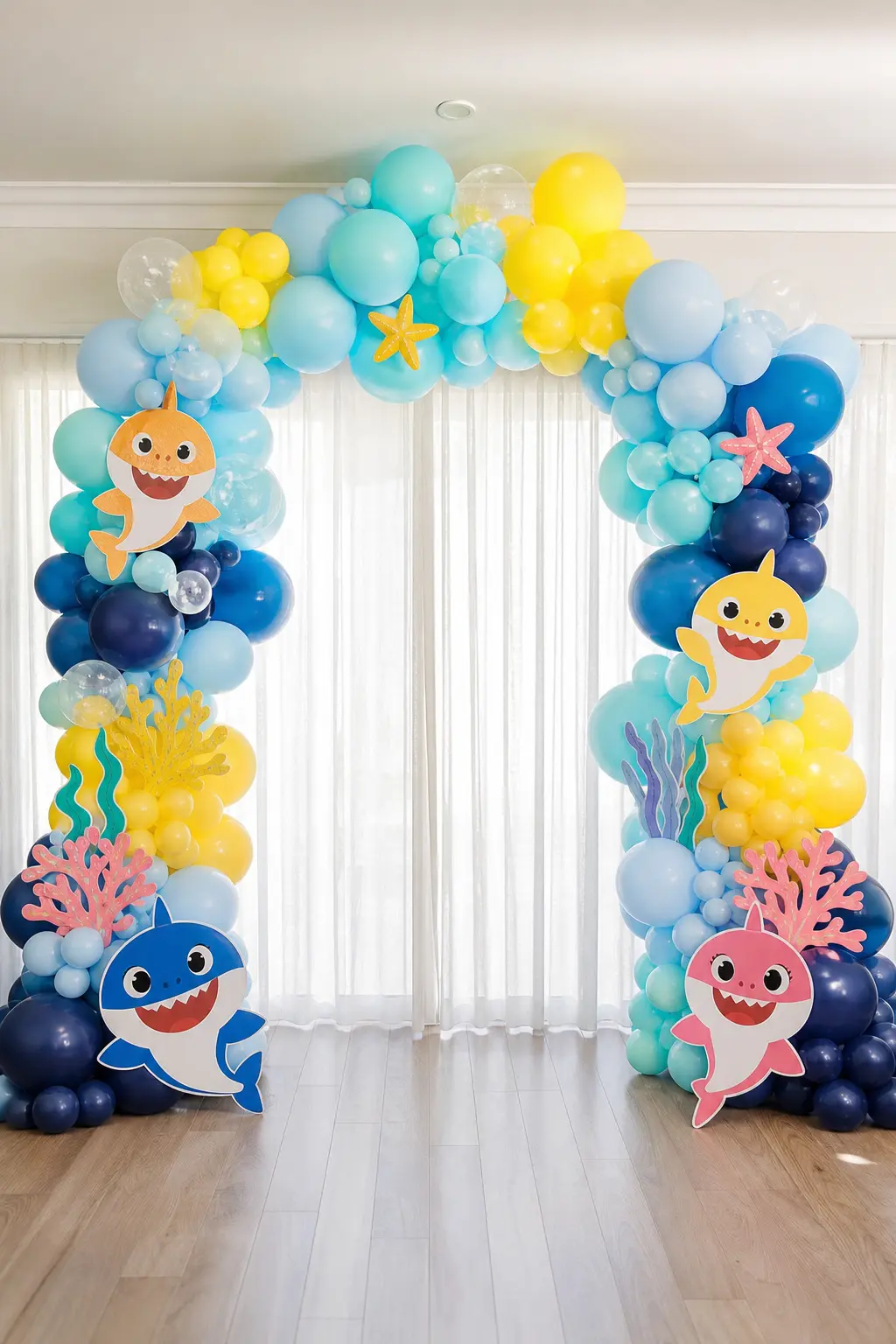 Ombre Wave Balloon Entrance Arch — A rounded arch built from aqua, navy and marigold yellow balloons turns a plain doorway into the party's first moment. Baby