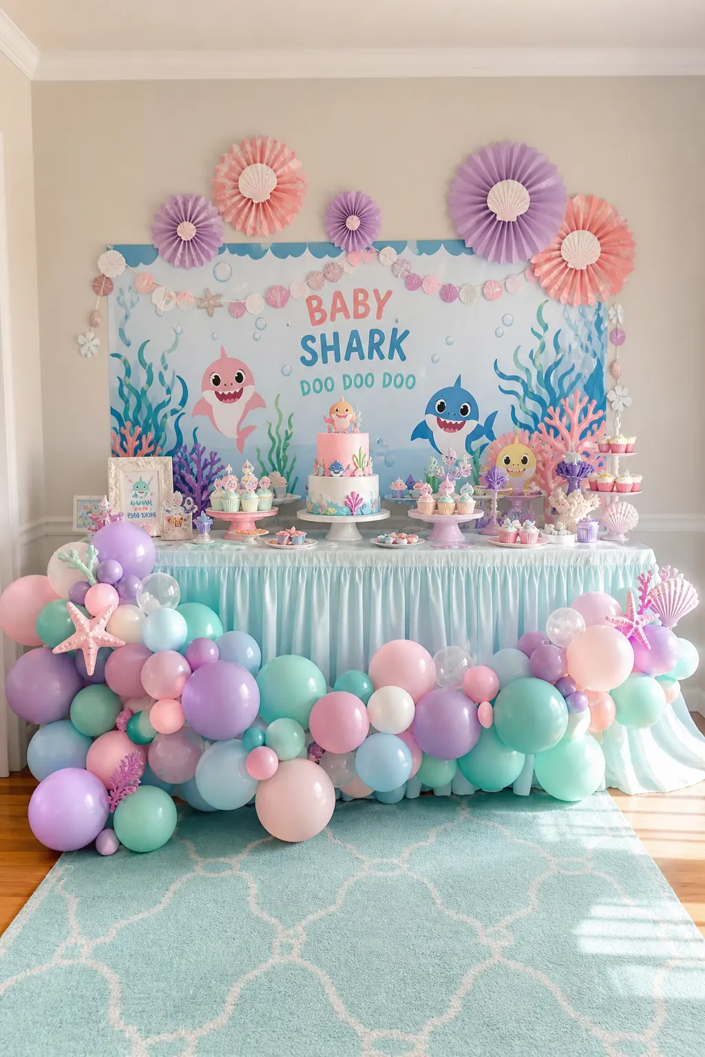 Organic Garland Over the Dessert Table — A loose, uneven garland in blush, lavender and seafoam drapes along the front edge of the dessert table rather than
